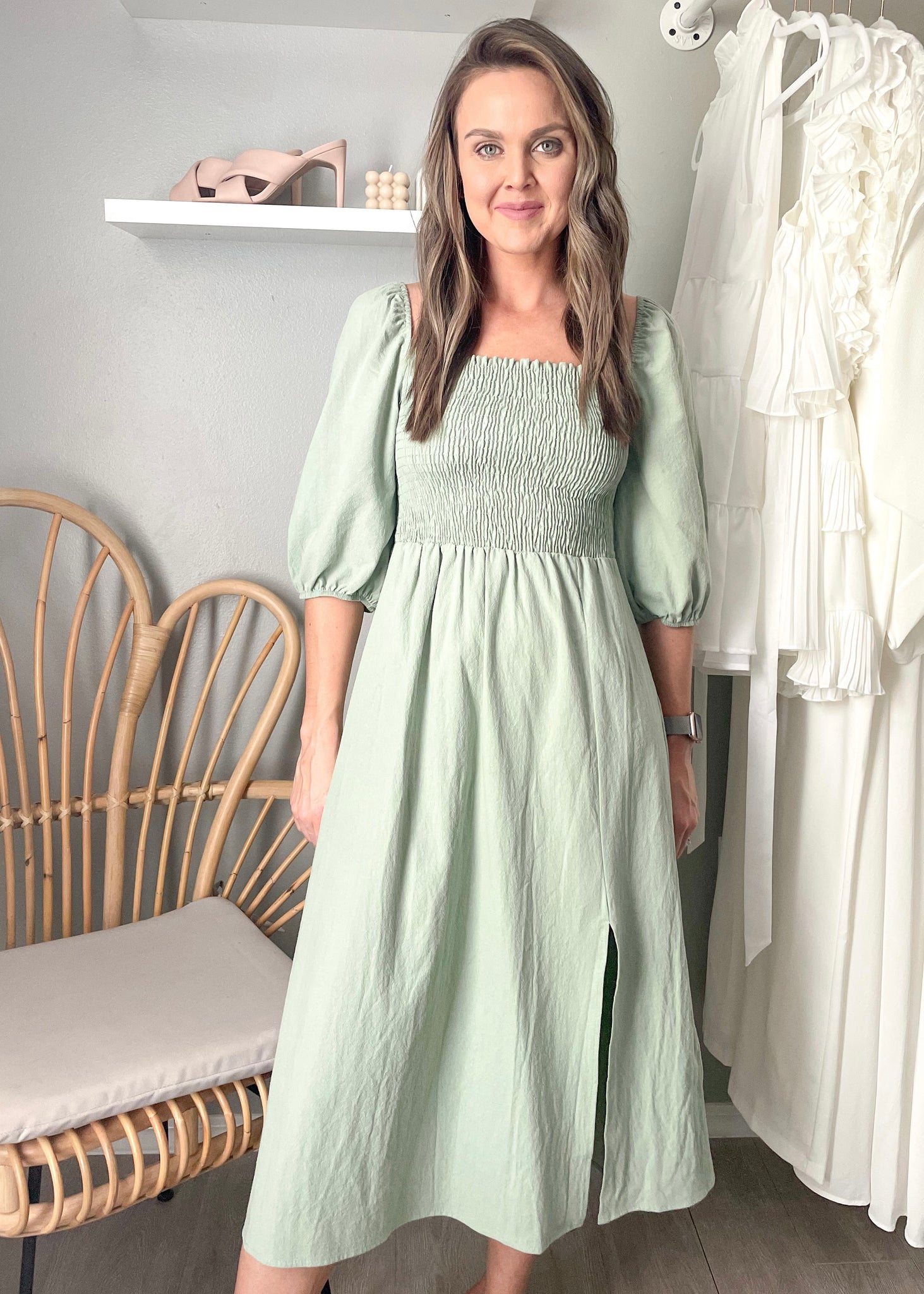 Sage Green Short Sleeve Smocked Midi ...